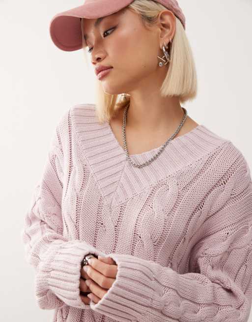Monki oversized V-neck chunky cable knit sweater in light pink, 2 of 4