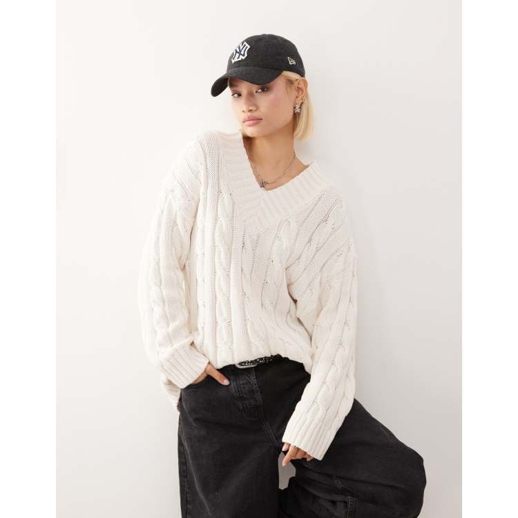 Monki oversized v neck chunky cable knit sweater in off white | ASOS