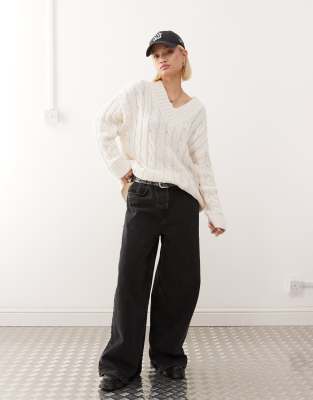 Monki Oversized V Neck Chunky Cable Knit Sweater In White