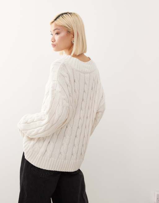 Monki oversized v neck chunky cable knit sweater in off white | ASOS