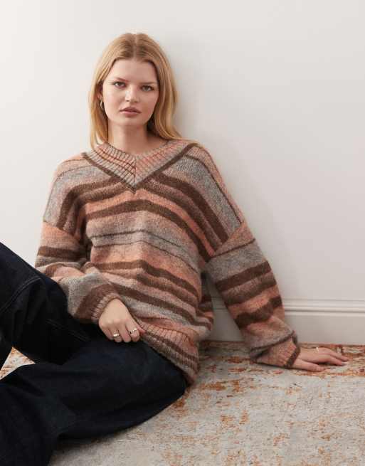 Monki oversized v neck jumper in chocolate brown & peach stripe, 3 of 4