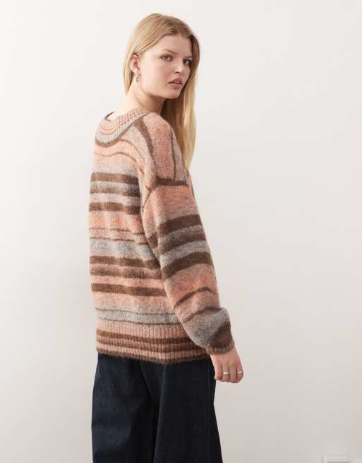 Monki oversized v neck jumper in chocolate brown & peach stripe, 4 of 4