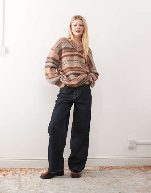 Monki oversized v-neck sweater in chocolate brown & peach stripes, 2 of 4