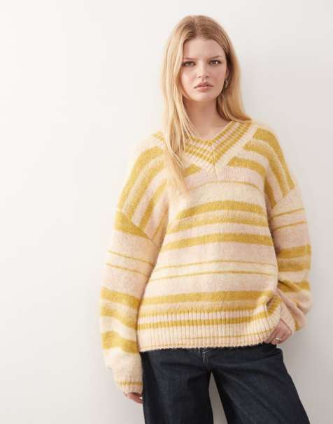 Monki oversized v-neck sweater in yellow & beige stripes - view 1