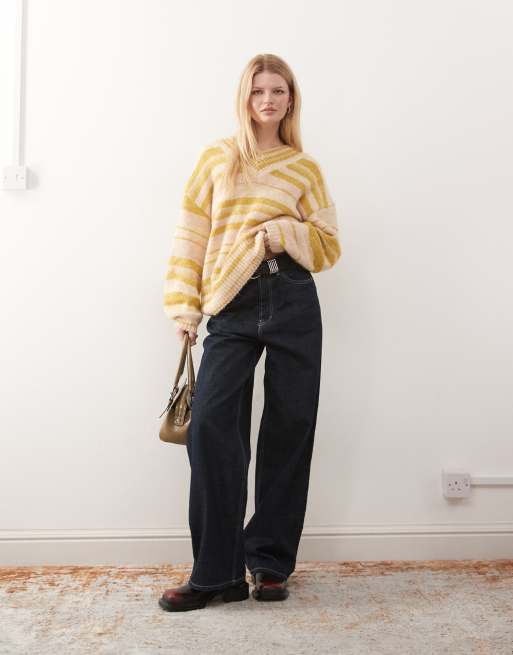 Monki oversized v-neck sweater in yellow & beige stripes, 3 of 4