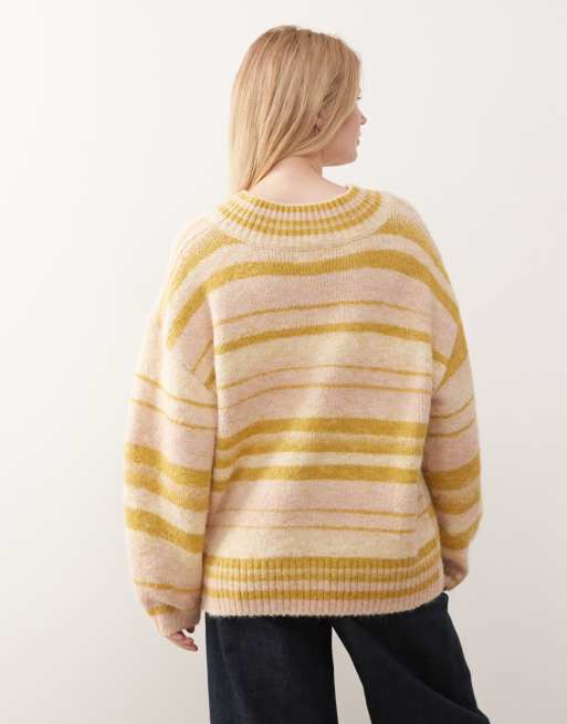 Monki oversized v-neck sweater in yellow & beige stripes, 4 of 4