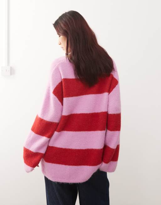 Monki - Oversized vest in roze en rode streep, 2 van 4