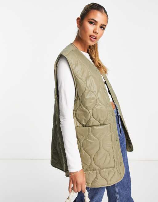 Monki oversized vest with patch pockets in khaki quilting