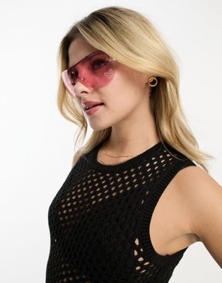 Monki oversized visor sheild sunglasses with butterfly rhinestone in pink - ASOS Price Checker