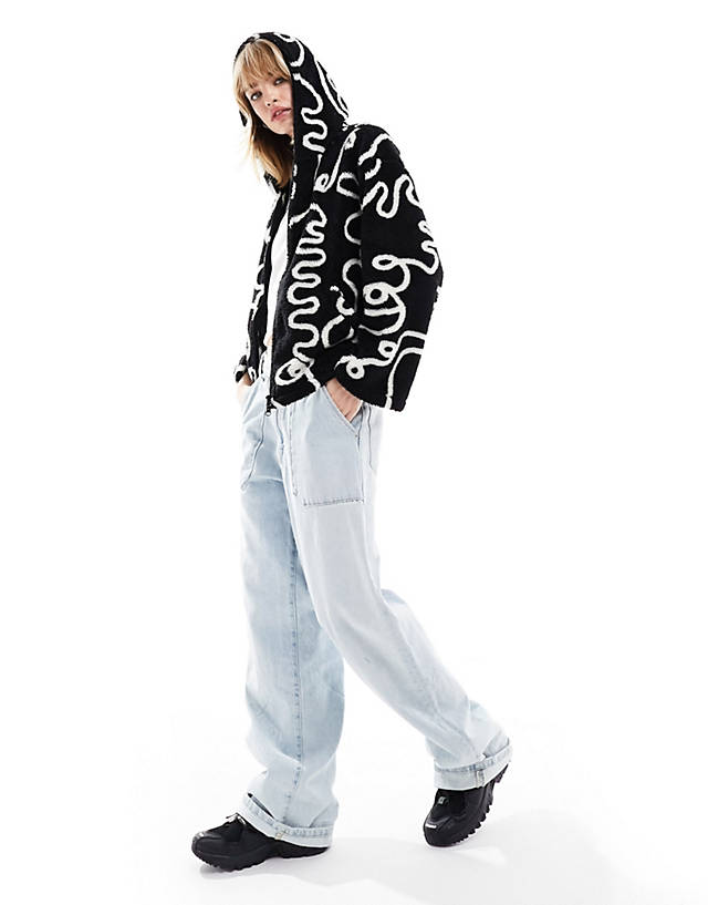 Monki - oversized zip front hooded sweater in mono scribble print