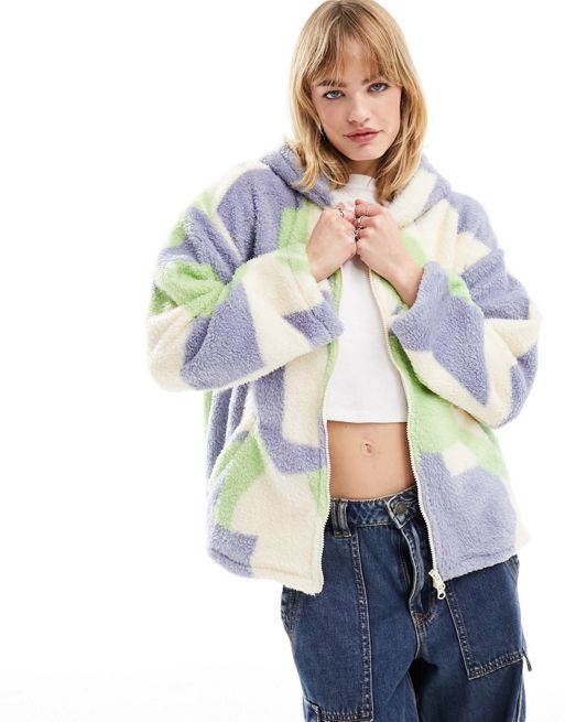 Monki oversized zip front hooded sweater in pastel abstract jacquard