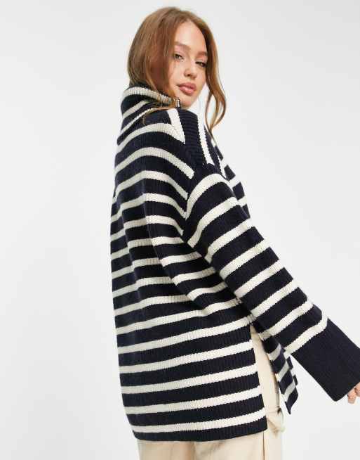 Monki oversized zip neck jumper in navy and off white stripe, 2 of 4