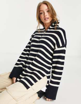 Monki oversized zip neck sweater in navy and off white stripe-Multi