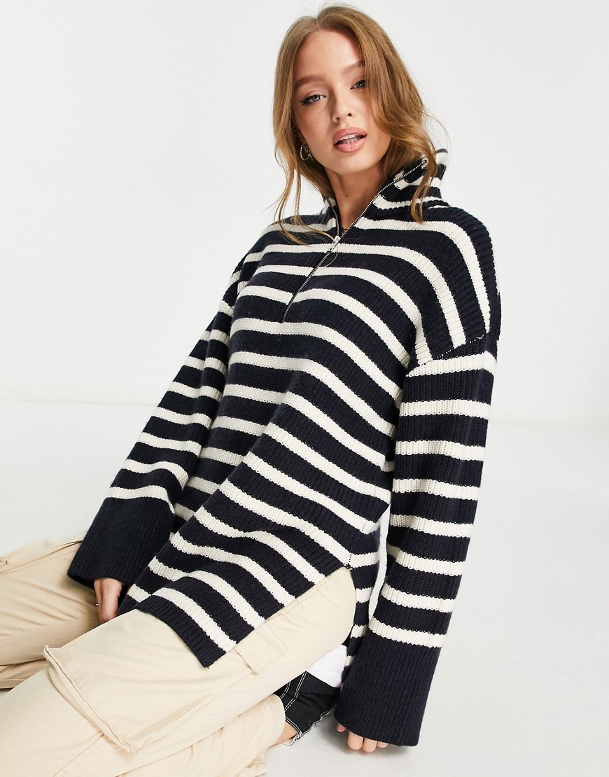 Monki Oversized Zip Neck Sweater In Navy And Off White Stripe-multi