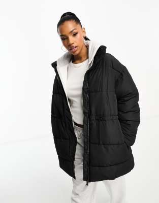 Monki Padded Coat With Drawstring Waist In Black