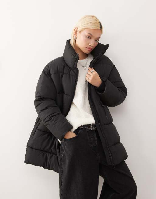 Monki padded coat with drawstring waist in black