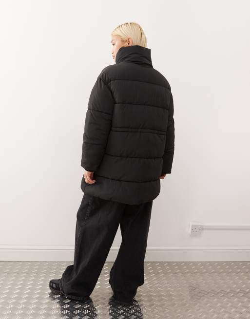 Monki padded coat with drawstring waist in black