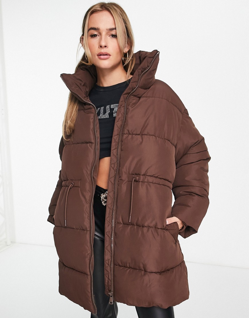 Monki padded coat with drawstring waist in brown