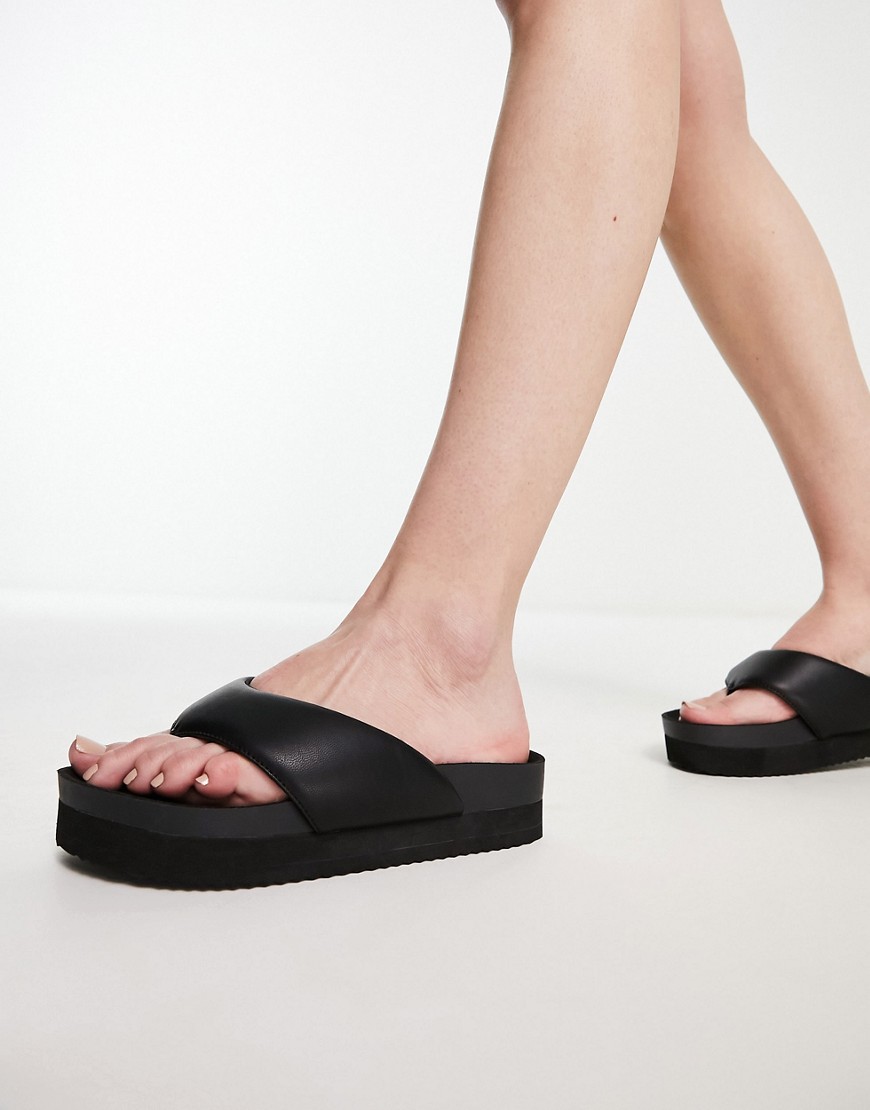 Monki padded PU thong sandal with wide straps in black