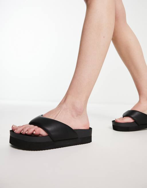 Monki padded PU thong sandal with wide straps in black ASOS