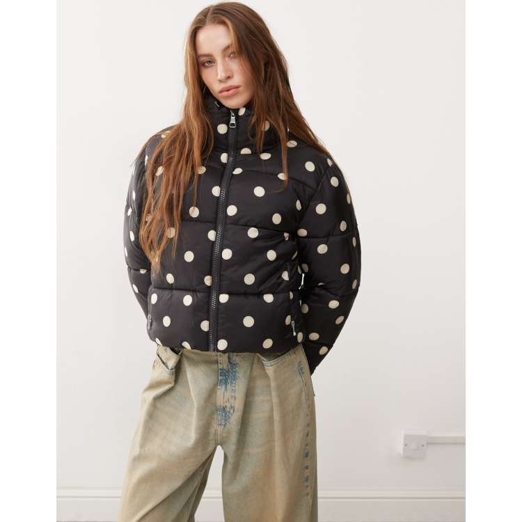 Monki padded puffer jacket in black polka dot