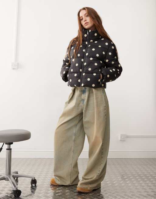 Monki padded puffer jacket in black polka dot