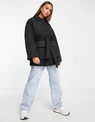 Monki Padded Shiny Belted Jacket In Black