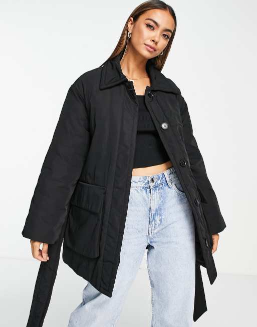 Black shiny belted store coat