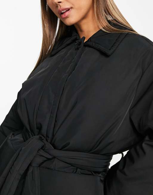 Black shiny hot sale belted coat