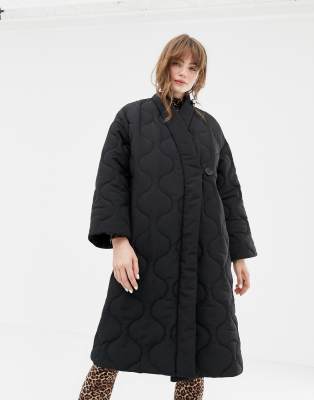 Monki padded v-neck coat in black | ASOS