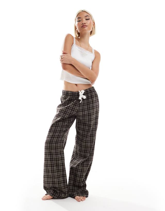 Monki pajama flannel pants in brown plaid | ASOS