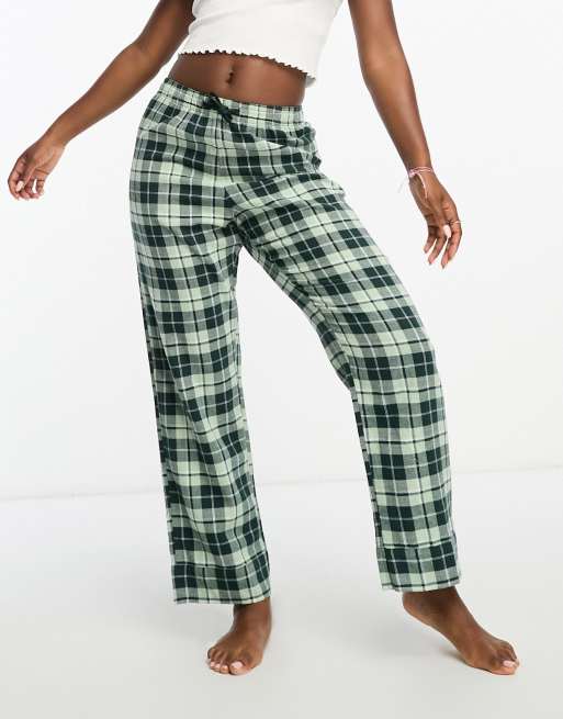 Monki pajama pants in tartan green plaid