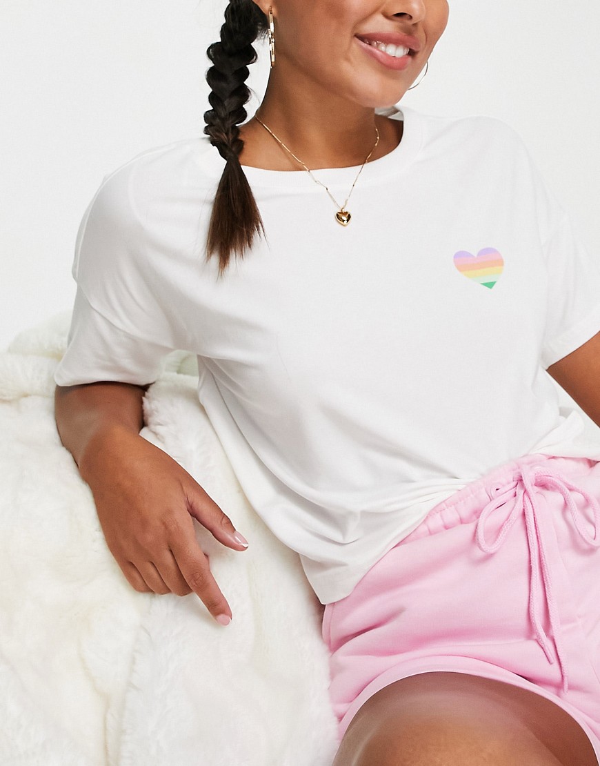 Monki pajama T-shirt with rainbow heart in white - part of a set-Multi