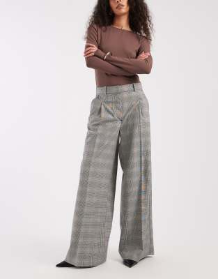 Pantalon ample taille haute à pinces devant et imprimé à carreaux-Brown 36