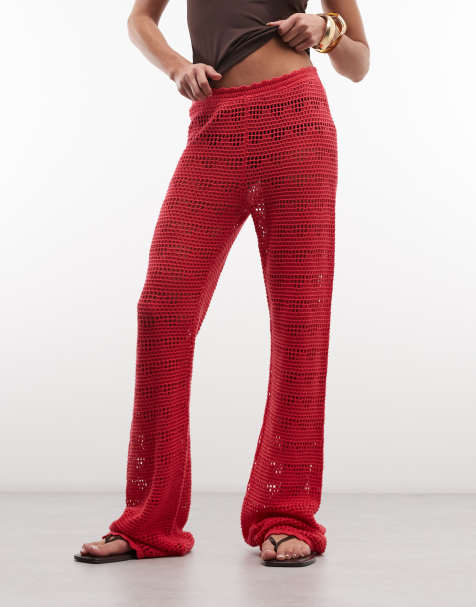 Monki - Pantalon large effet maille crochetée - Rouge - view 1