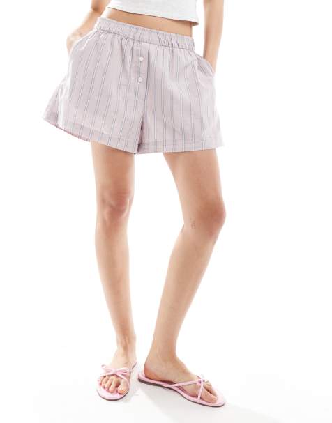 Monki - Pantaloncini stile boxer color rosa chiaro a righe con fascia in vita risvoltabile - view 1
