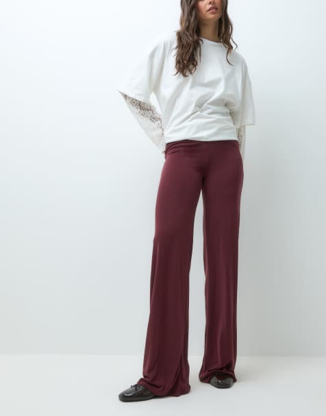 Monki pantalones de pernera ancha de tacto suave conjunto en burdeos - view 1