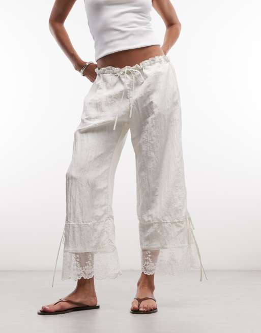 Monki - Pantaloni a palloncino testurizzati bianchi con dettagli in pizzo, 4 di 5