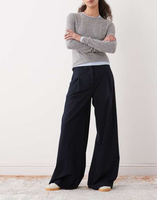 Monki - Pantaloni a vita alta blu navy con fondo ampio e pieghe sul davanti, 2 di 5
