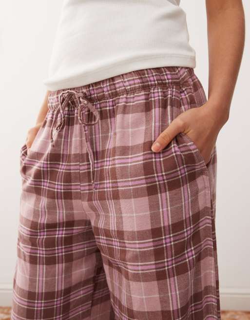 Monki - Pantaloni del pigiama in flanella bordeaux a quadri, 3 di 4