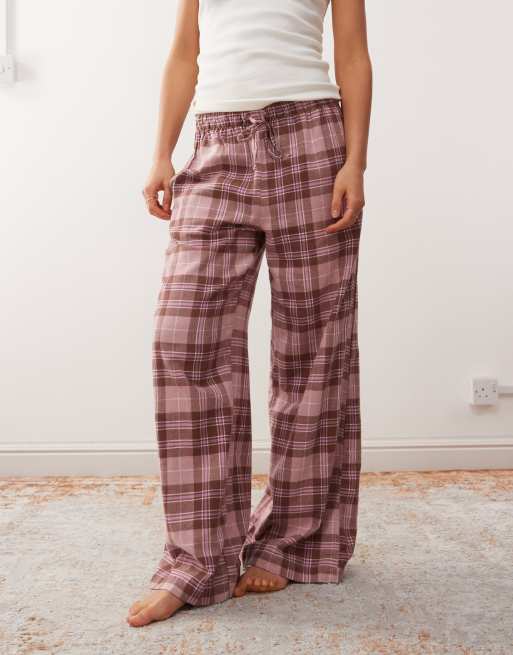 Monki - Pantaloni del pigiama in flanella bordeaux a quadri, 4 di 4