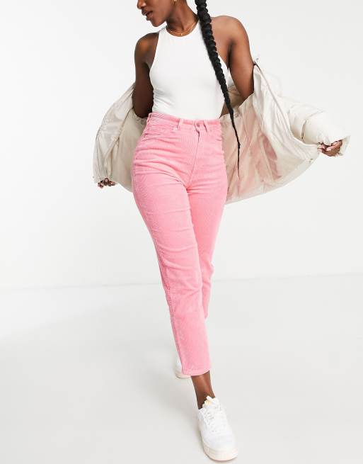 Monki - Pantaloni dritti a coste rosa acceso
