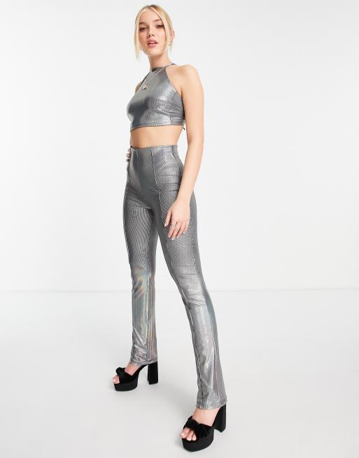 Monki - Pantaloni in jersey color argento olografico in coordinato