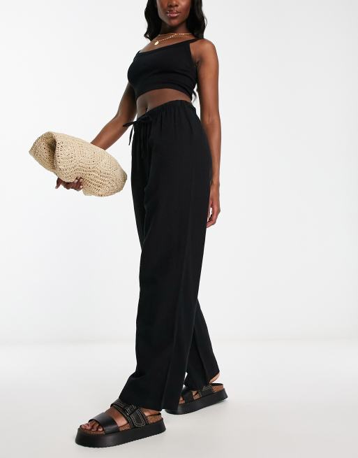 Monki - Pantaloni in lino nero con fondo ampio