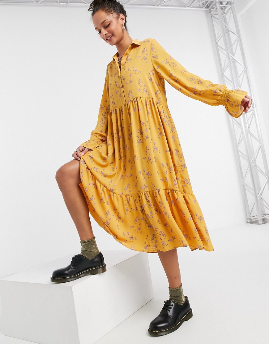 Monki Parly recycled midi smock dress in yellow