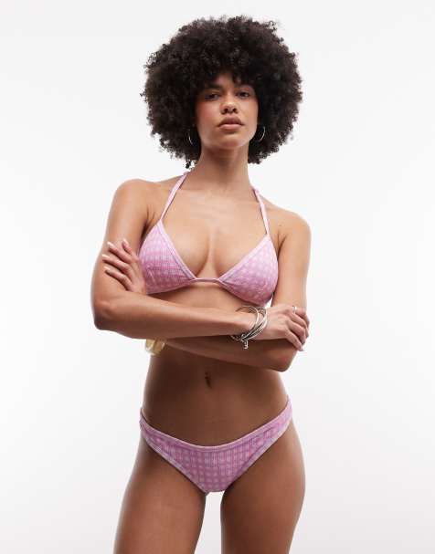 Monki - Parte de un conjunto - Braguitas de bikini a cuadros vichy rosa pastel anudadas a los laterales de tejido efecto rugoso - view 1