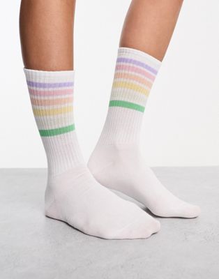 Monki pastel rainbow stripe socks in white