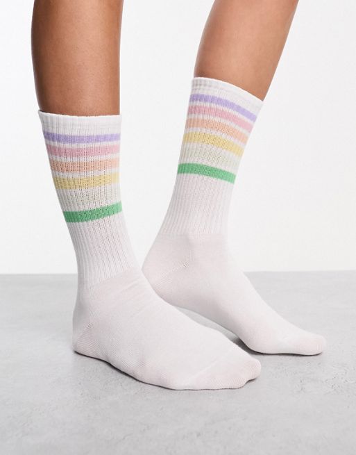 Monki pastel rainbow stripe socks in white | ASOS