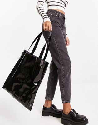 Monki patent tote shopper bag in black