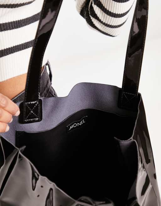 Monki patent tote shopper bag in black